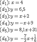 (d_1): x=4\\(d_2):y=6,5\\(d_3):y=x+2\\(d_4):y=-x+9\\(d_5):y=8,1x+31\\(d_6):y= -\frac{7}{3}x+\frac{1}{6}