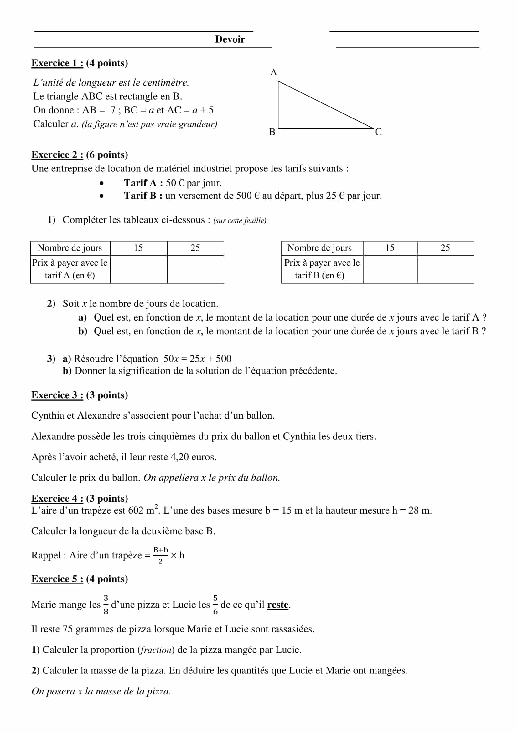 Devoir Commun 4ème Maths Avec Correction Contrôles de maths en 4ème et DS à télécharger en pdf.